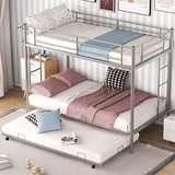 Merax Metal Bunk Bed Twin Over Twin Triple Bunk Bed with Twin Size Trundle, Grey Silver 642 Merax