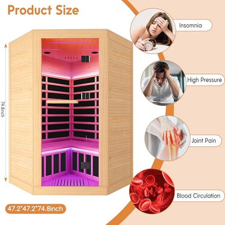 Indoor Sauna Two Person Far Infrared Saunas for Home 1 - 3 Person Wood Sauna Canadian Hemlock 2180W/110V Low EMF Dry Sauna Room with Oxygen Bar/7 Color Therapy/9 Heating Plates/Control Panel/Speaker HOSAUNA