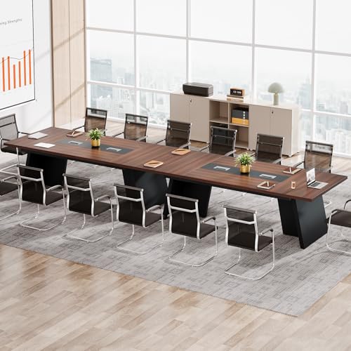 Tribesigns 8ft Conference Table, Modern Office Meeting Room Desk with Cable Management, Large Business Furniture for Boardroom, Conference Room (1, Walnut + Black) Tribesigns