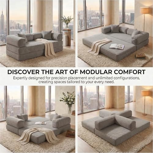 NAYA 79" Convertible Sofa Bed, 4-in-1 Corduroy Boneless Futon Couch, Folding Sleeper Sofa, No Assembly Floor Couch for Living Room, Bedroom, Apartment, Grey NAYA