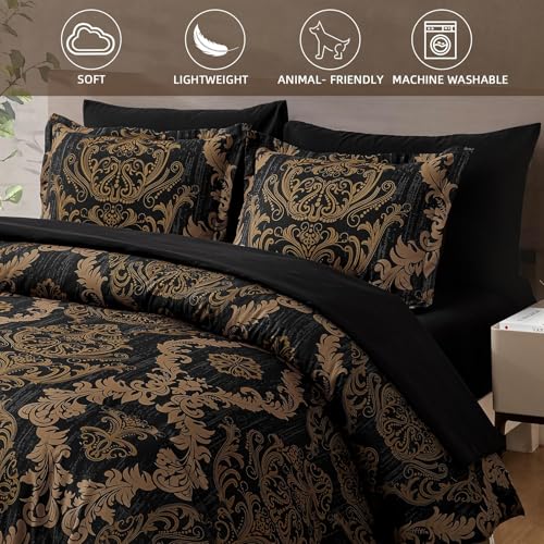WONGS BEDDING Black Comforter Set California King Size, Gold Damask 7 Pieces Bed in a Bag Microfiber Comforter Bedding Sets -1 Comforter, 1 Flat Sheet, 1 Fitted Sheet, 2 Pillow Shams, 2 Pillowcases WONGS BEDDING