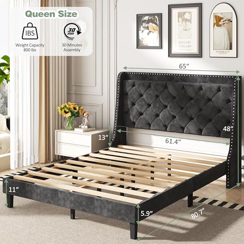 SUNLEI Queen Size Bed Frame with Tufted Button and Velvet Fabric, Bed Frame with Wingback Storage Headboard, Strong Wood Slats, Easy Assembly, No Box Spring Needed, Black SUNLEI