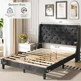 SUNLEI Queen Size Bed Frame with Tufted Button and Velvet Fabric, Bed Frame with Wingback Storage Headboard, Strong Wood Slats, Easy Assembly, No Box Spring Needed, Black SUNLEI