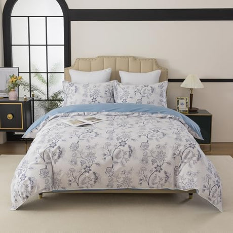 FADFAY Duvet Cover Set Queen Floral Bedding Percale Cotton 600 TC Classical Toile Luxury Reversible Light Blue Shabby Vintage Farmhouse Bedding Minimalist Chic Comforter Cover Soft Breathable 3Pcs FADFAY