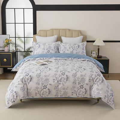 FADFAY Duvet Cover Set Queen Floral Bedding Percale Cotton 600 TC Classical Toile Luxury Reversible Light Blue Shabby Vintage Farmhouse Bedding Minimalist Chic Comforter Cover Soft Breathable 3Pcs