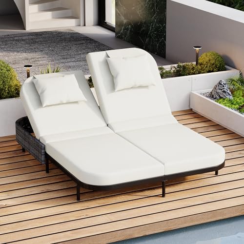 Merax Outdoor Daybed,Patio Rattan Daybed with Adjustable Backrest,Patio Wicker Loveseat Lounger,Outdoor Bed Loveseat Sofa Set with Pillows and Cushions for Garden, Backyard, Poolside,Black+Beige Merax