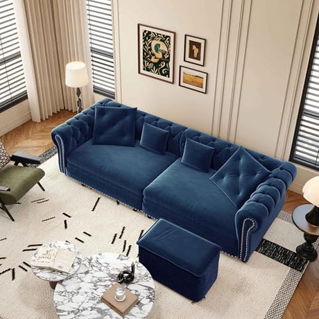 Tabaray 89'' Pull Out Sofa Bed King, Chesterfield Velvet Sleeper Sofa, Convertible L-Shaped Futon Couch, Tufted Back, 4 Pillows, Ottoman, Deep Seat Loveseat Couches for Living Room, Apartment, Blue Tabaray