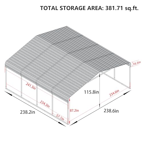 MUPATER Outdoor Carport, 20' x 20' Heavy Duty Canopy for Garage, Car Garage Shelter with Galvanized Metal Roof and Frame for Car, Grey - WoodArtSupply