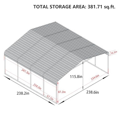 MUPATER Outdoor Carport, 20' x 20' Heavy Duty Canopy for Garage, Car Garage Shelter with Galvanized Metal Roof and Frame for Car, Grey - WoodArtSupply