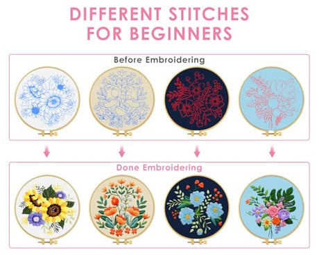 TINDTOP 4 Sets Embroidery Kit for Adults, Floral Embroidery Practice Kit for Beginners Include Embroidery Cloth Hoops Threads for Craft Lover Hand Stitch with Embroidery Skill Techniques TINDTOP