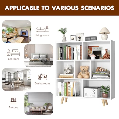 Shintenchi Wooden 7 Cube Bookshelf, 3 Tier Bookcase with Legs, Modern Open Storage Organizer Shelf,Display Cabinet Shelf Free Standing Bookshelves for Bedroom,Living Room,Office,White Shintenchi