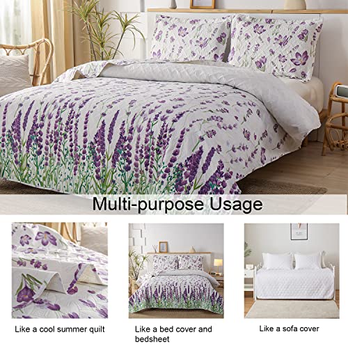 Ycosy Quilt Set King Size Floral Bedspread Coverlet King Quilts Set Bedding Summer Lightweight Floral Quilt Bedding Reversible Quilt Bedspread Plant Green Leaves Purple Flower Home Quilts Collections Ycosy