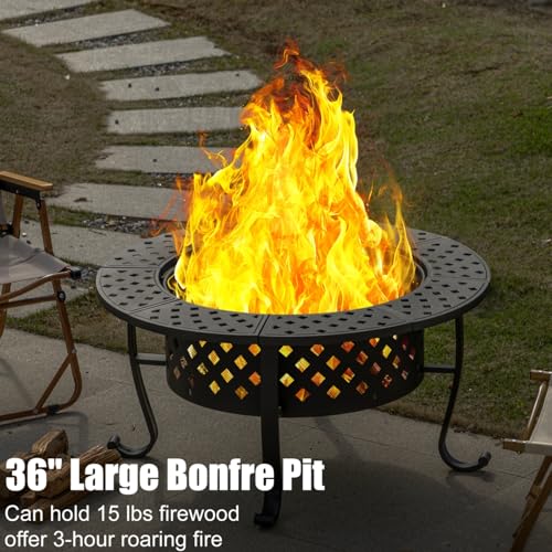 Panovue 36 Inch Fire Pit with 2 BBQ Grills, Wood Burning Fire Pits for Outside with Lid & Fire Poker, BBQ& Outdoor Firepit & Round Metal Table 3 in 1 for Patio, Picnic, Party… - WoodArtSupply