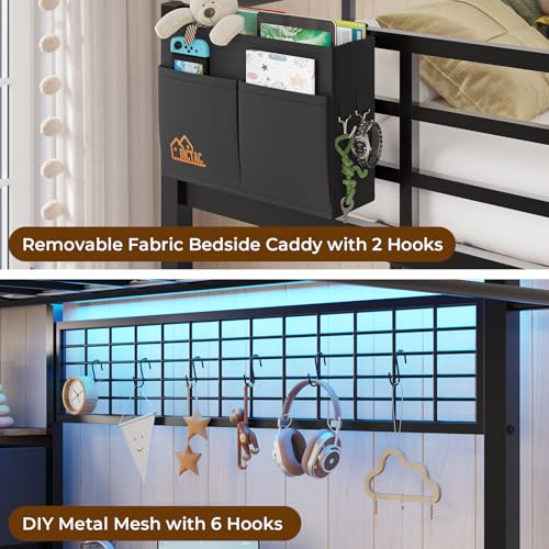 DICTAC Twin Loft Bed with L-Shaped Desk and 7 Storage Drawers,Metal Twin Size Loft Bed for Kids with LED Lights and Charging Station,13.11" H Safety Guardrail and Ladder,No Box Spring Needed, Black DICTAC