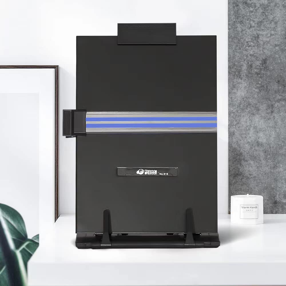 Desktop Document Holder Stand with 7 Adjustable Positions, Black Metal File Organizer Management Copyholder for Typing Speech Reading A4 Letter Music Book Tablet Office, with Paper Clip and Line Guide OSPNIEEK