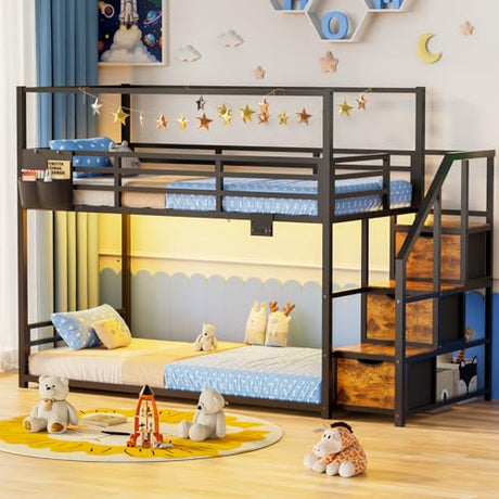 Low Bunk Bed Twin Over Twin with Storage Staircase, RGB LED Lights, Drawers & Shelves, Metal Bunk Beds for Kids with Power Outlet, Double Full-Length Guardrails & Metal Slats for Small Space, Black Zerduos