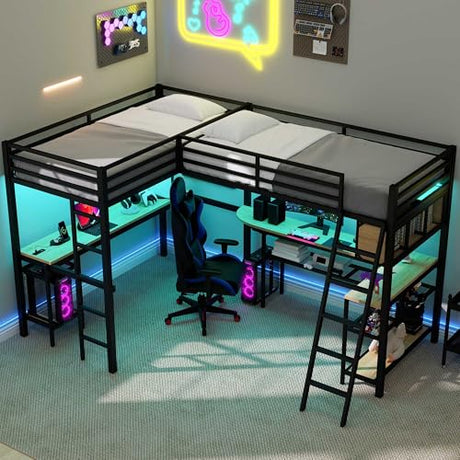 LUMISOL Twin Size Double Loft Bed with Desk and LED Light, L-Shaped Metal Loft Beds with Charging Station for 2 Kids, Metal Double Loft Beds Frame with Storage, Black LUMISOL