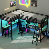 LUMISOL Twin Size Double Loft Bed with LED and Storage Shelves, Metal L-Shaped Loft Bed with 2 Built-in Desks and 2 Charging Stations, Black LUMISOL
