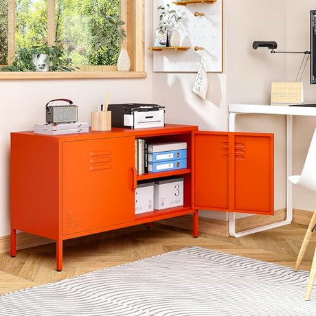 SISESOL Orange Metal Storage Cabinet with Doors and Shelves,2 Door Wide Metal Locker Accent Storage Cabinet with Leg & Vent Hole,Wide TV Cabinets,Low Side Cupboard for Home,Office,Dining/Living Room SISESOL