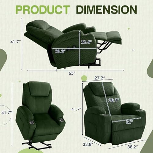 Furmax Electric Power Lift Recliner Chair with Massage for Elderly Corduroy Fabric Recliner Single Sofa with Cup Holders, Side Pockets and Remote Control for Living Room Bedroom (Green)