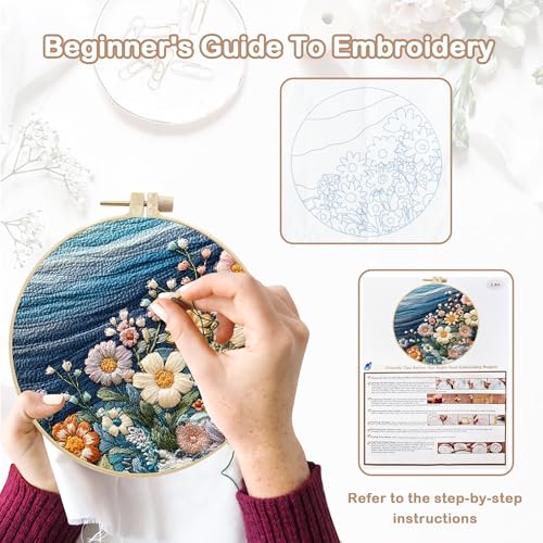HINITOYOU Embroidery Kit, Seaside Flower Cross Stitch Kits Embroidery Starter Kit Needlepoint Kits for Adults with Stamped Pattern, Bamboo Hoops, Scissors, Needles Instructions