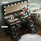 YITAHOME Makeup Vanity Desk with LED Mirror & Light, Large Makeup Table with 8 Drawers, Magnifying Glass, Power Outlets, Hairdryer Holder & Cushion Stool for Dressing Room, Black Vanity Set YITAHOME