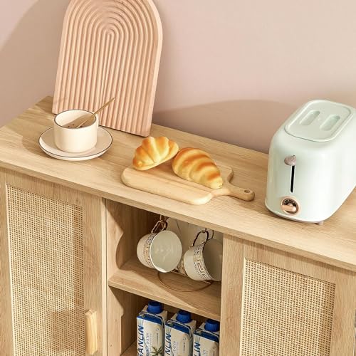 Iwell Storage Cabinet, Rattan Cabinet with 4 Adjustable Shelves, Bathroom Floor Cabinet, Sideboard Buffet Cabinet, Coffee Bar Cabinet, Accent Cabinet for Living Room, Entryway, Natural Iwell