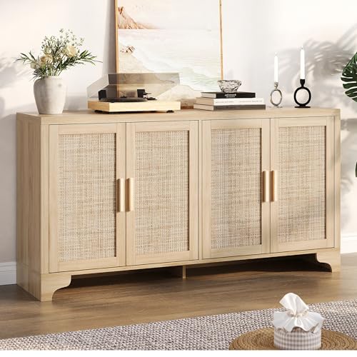 Garvee Natural Rattan Storage Cabinet with Shelves, 4-Door Sideboard Buffet Cabinet, Boho TV Stand Console Table for Living Room, Entryway, Dinning Room Garvee
