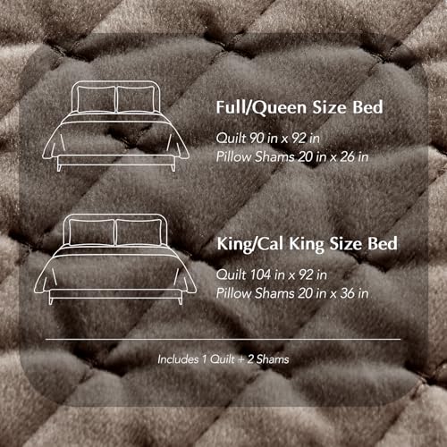 EVERGRACE Luxury Velvet Quilt Set King Size 3 Piece, Soft Cross-Stitch Velvet Comforter Set with Pillow Shams, Lightweight Coverlet Bedspread Bedding Set for All Seasons, Mushroom Brown EVERGRACEHOME