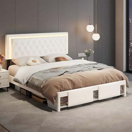 XEPAMU Full Size Bed Frame with Storage,Full Bed Frame with LED Lights Headboard and Charging Station,Velvet Upholstered Bed with Storage Footboard,Sliding Barn Door Noiseless No Box Spring Needed XEPAMU