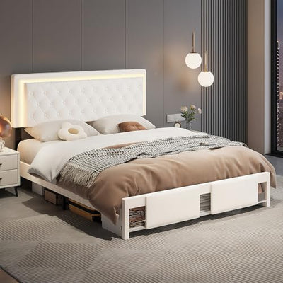 XEPAMU Full Size Bed Frame with Storage,Full Bed Frame with LED Lights Headboard and Charging Station,Velvet Upholstered Bed with Storage Footboard,Sliding Barn Door Noiseless No Box Spring Needed