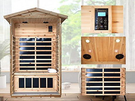 KUNSANA Far Infrared Sauna Room for 2 Persons Low EMF Home Indoor/Outdoor Saunas Canadian Premium Hemlock Wood-Sweating Detox-Colored Light Spectrum-LCD Display-Bluetooth KUNSANA