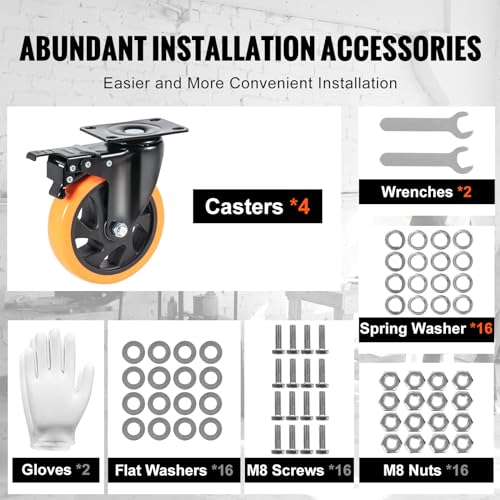 VEVOR Caster Wheels, 5-inch Swivel Plate Casters, Set of 4, with Security A/B Locking No Noise PVC Wheels, Heavy Duty 1800 lbs Load Capacity, Non-Marking Wheels for Cart Furniture Workbench VEVOR