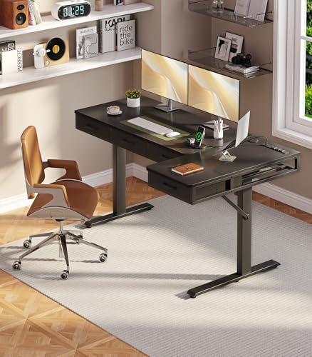 OffiGo 63 Inch L Shaped Electric Standing Desk with Drawers, Height Adjustable Large Desk with Power Outlets, Sit Stand Table, Writing Computer Desk for Home, Office, Workstation, Black OffiGo
