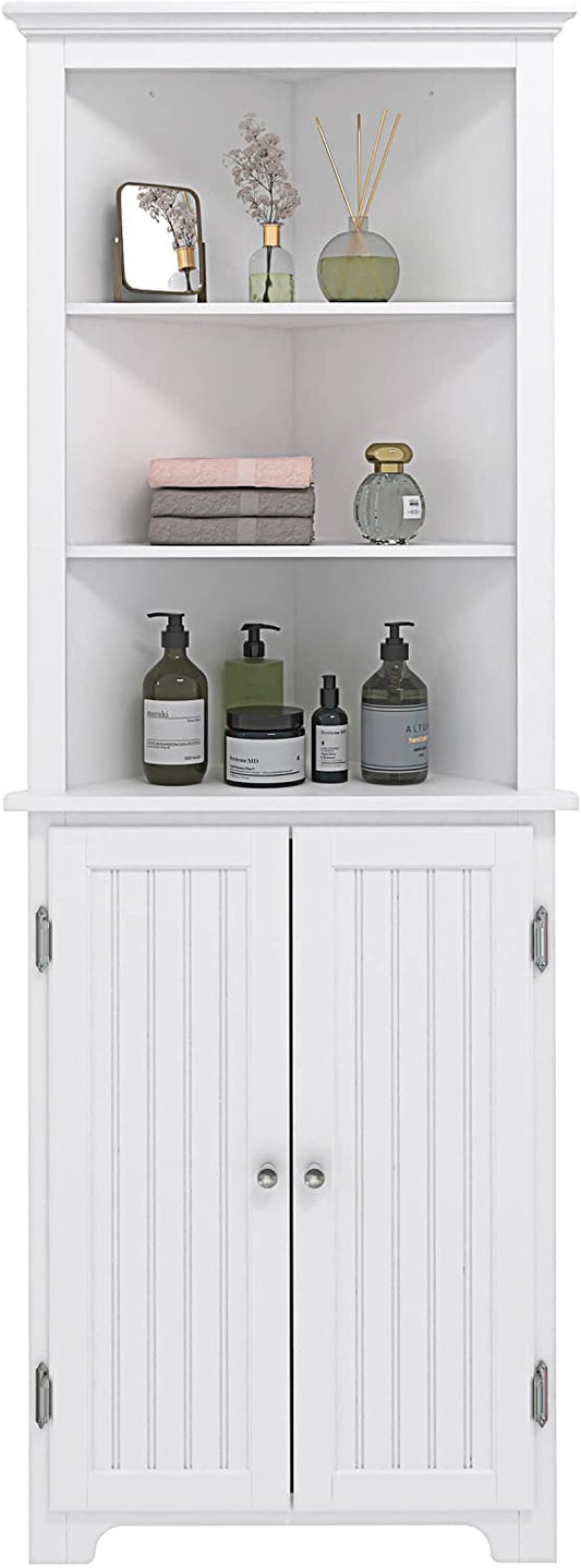 UTEX Tall Bathroom Corner Cabinet, Slim Floor Storage Bathroom Cabinet with Doors and Hutch, Freestanding Narrow Skinny Linen Cabinet for Bathroom, Kitchen, Living Room, White