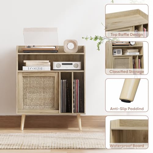 Large Record Player Stand with Open Shelf Storage Cabinet, Vinyl Record Storage Side Table with Rattan Magazine Rack, Turntable Stand Vinyl Record Holder with Solid Wood Legs for Living Room, Bedroom Mino Kesper