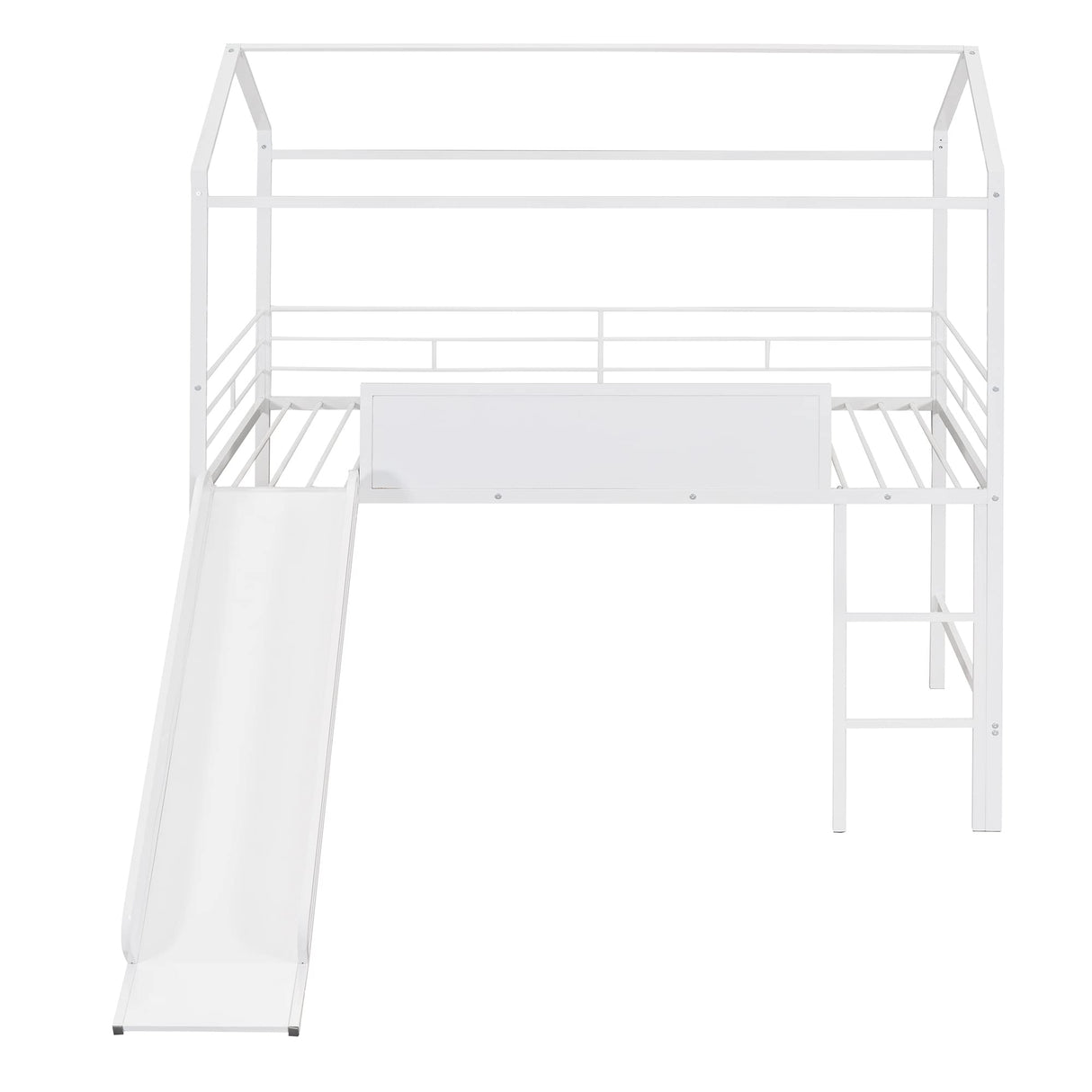 Twin House Loft Beds with Slide and Chalkboard, Low Loft Bed Twin Size, Metal House Bed with Guardrail and Ladder, Metal Twin Size Loft Bed for Kids Teens Girls Boys (Twin, White) Harper & Bright Designs