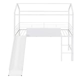 Twin House Loft Beds with Slide and Chalkboard, Low Loft Bed Twin Size, Metal House Bed with Guardrail and Ladder, Metal Twin Size Loft Bed for Kids Teens Girls Boys (Twin, White) Harper & Bright Designs