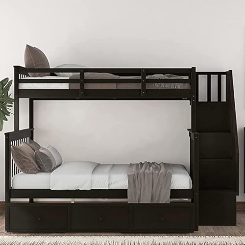 Harper & Bright Designs Twin Over Full Bunk Bed with Stairs and Drawers, Solid Wood Stairway Bunk Bed with Storage for Kids Teens Adults, Bedroom, Dorm (Espresso) Harper & Bright Designs