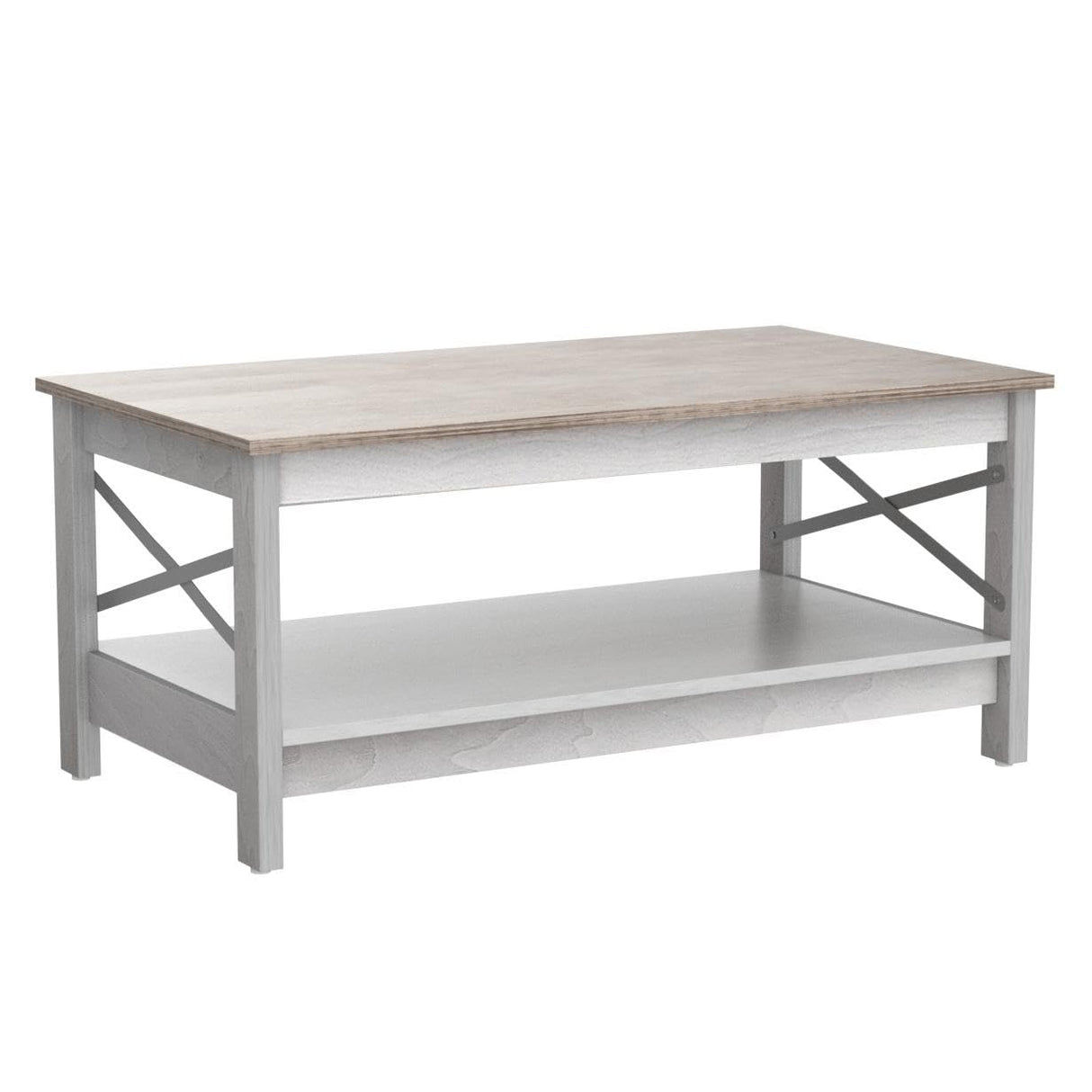 YITAHOME Coffee Tables for Living Room, Modern Farmhouse Coffee Table with Storage, 2-Tier Center Table Wood Living Room Table Accent Cocktail with Sturdy Frame, Grey Wash YITAHOME