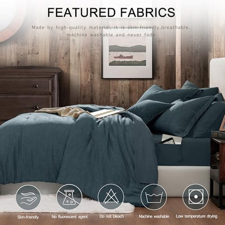 Geniospin Queen Comforter Set - 7 Pieces Comforter Queen Size, Soft Solid Bedding Set for All Season, Textured Bed in a Bag with Sheets, Pillowcases & Shams (Navy Blue, 90''x90'') Geniospin
