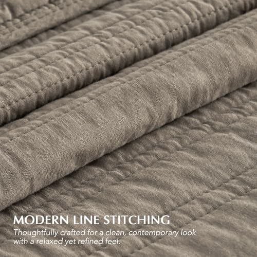 EVERGRACEHOME 100% Cotton Modern Lines Quilt Set King Size, Pre-Washed Soft Striped Coverlet Bedspread, 3 Piece Lightweight Bedding Set for All Season, with 2 Pillow Shams, Stone Taupe EVERGRACEHOME