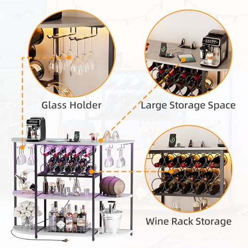 VICTONE Wine Bar Cabinet with LED Lights and Power Outlets, Freestanding Coffee Liquor Bar Cabinet with Glass Holder, Wine Rack Table for Home Kitchen Dining Room (White) VICTONE