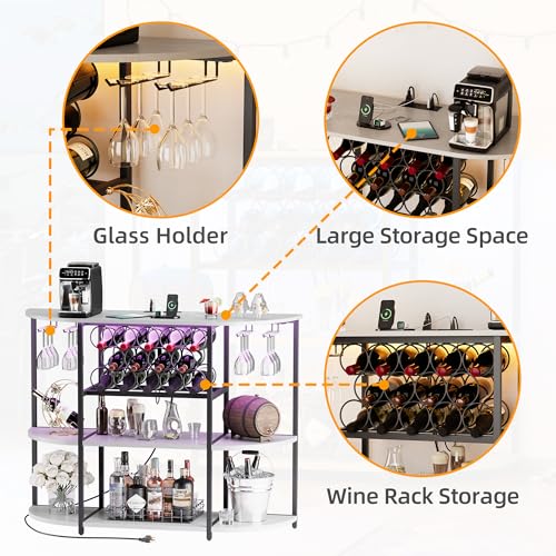 VICTONE Wine Bar Cabinet with LED Lights and Power Outlets, Freestanding Coffee Liquor Bar Cabinet with Glass Holder, Wine Rack Table for Home Kitchen Dining Room (White) - WoodArtSupply