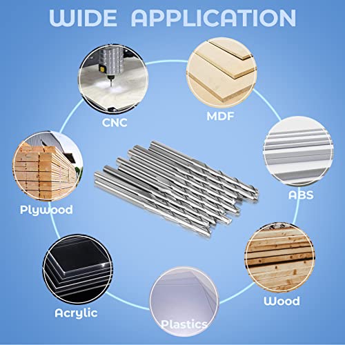 HQMaster CNC Router Bits 1/8" Shank CNC Bit End Mill Flat Nose Carbide Endmill Two Flute Spiral Upcut Milling Cutter Tool Set for Wood PVC MDF Hardwood 10Pcs (3.175mm, Total Length: 50mm) HQMaster