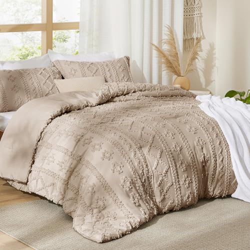 Bedsure Tufted Boho Comforter Set Full Size - Khaki Boho Bed Set, GentleSoft™ 3 Pieces Farmhouse Shabby Chic Embroidery Bedding, Gifts for Woman, Soft Jacquard Full Comforter for All Seasons Bedsure