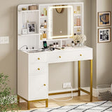 VIAGDO Vanity Desk with Mirror and Lights, Makeup Vanity with Drawers and Charging Station, Vanity Table with Shelves, Cabinet, Hidden Space for Bedroom, White VIAGDO