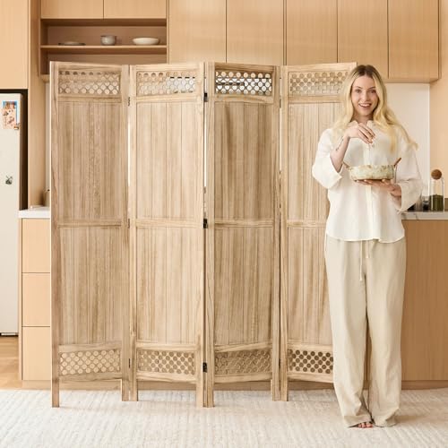 Privacy Screen Room Divider Panel - 67 Inch Tall Natural Wood Folding Partition Room Dividers, No-Assembly Required, Enhance Privacy and Aesthetic Appeal, Ideal for Home or Office Natural 4 Paned Svimi