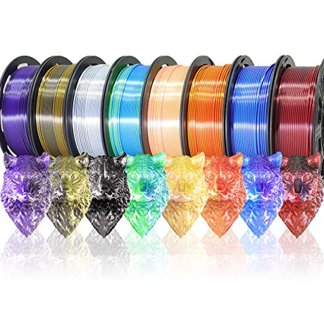 8 Spools Dual Color Silk PLA 3D Printer Filament Bundle, Silk White/Black, Red/Black, Gold/Black, Purple/Black, Purple/Blue, Red/Gold, Green/Blue, Yellow/Pink, 1.75mm Bicolor Silk PLA 250gX8 MKOEM