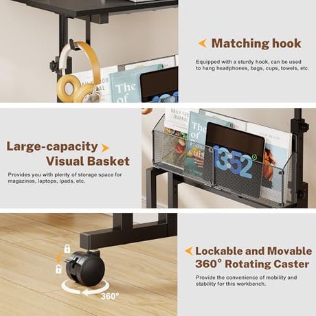 Height Adjustable Standing Desk With Storage, Small Stand Up Desk With wheels, Portable Rolling Desk for Home Office, Mobile Sit Stand Desk for Small Spaces, For Walking Pad Treadmill, Black Huxitocan